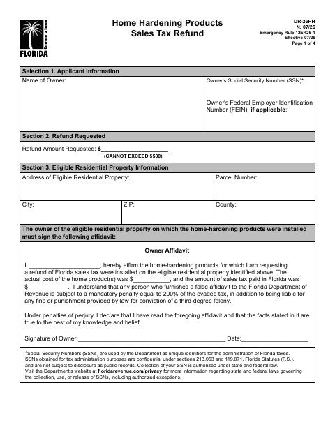 First page of the DR-26HH Home Hardening Products Sales Tax Refund Application