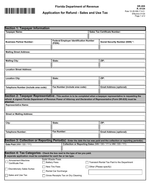 First page of the DR-26S Application for Refund, Sales and Use Tax