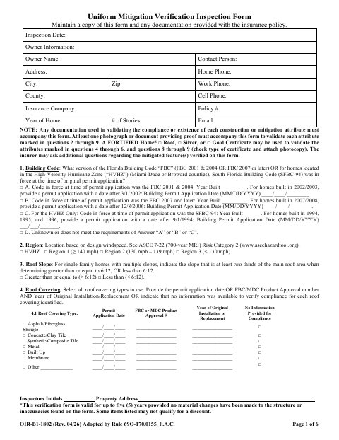 First page of the OIR-B1-1802 Uniform Mitigation Verification Inspection Form