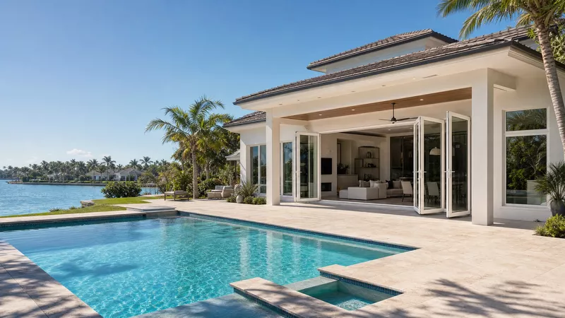 Eco-Guard 900 bi-fold glass wall open to a South Florida pool lanai
