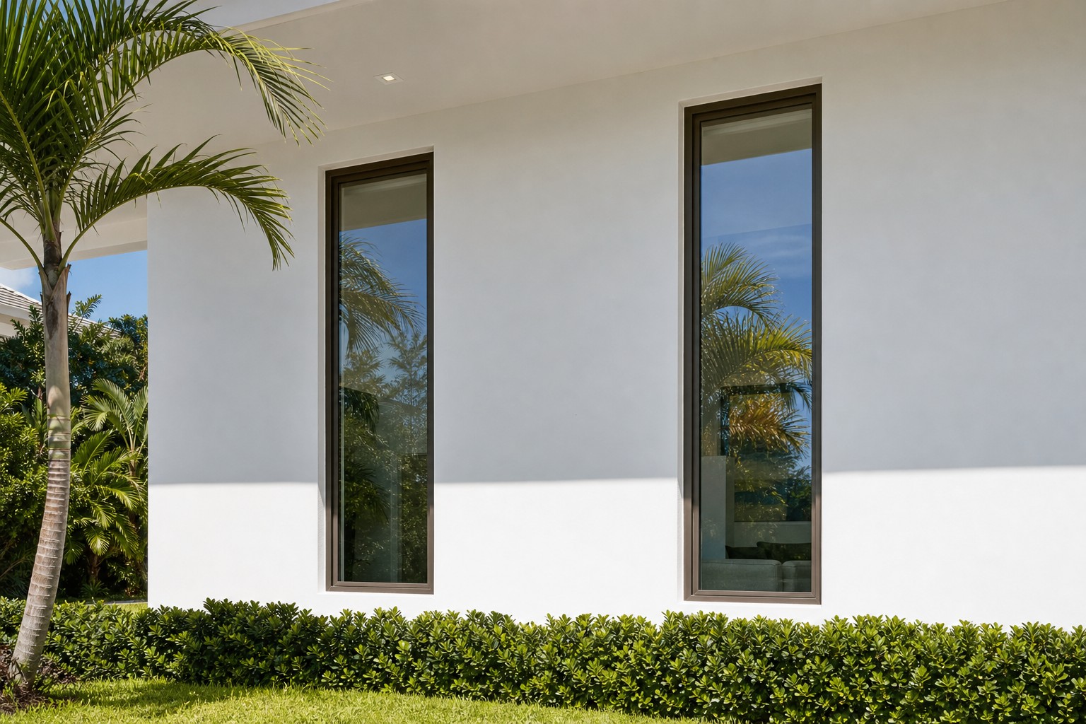 Mr-Glass MG-400 fixed picture windows installed in a modern white-stucco South Florida home