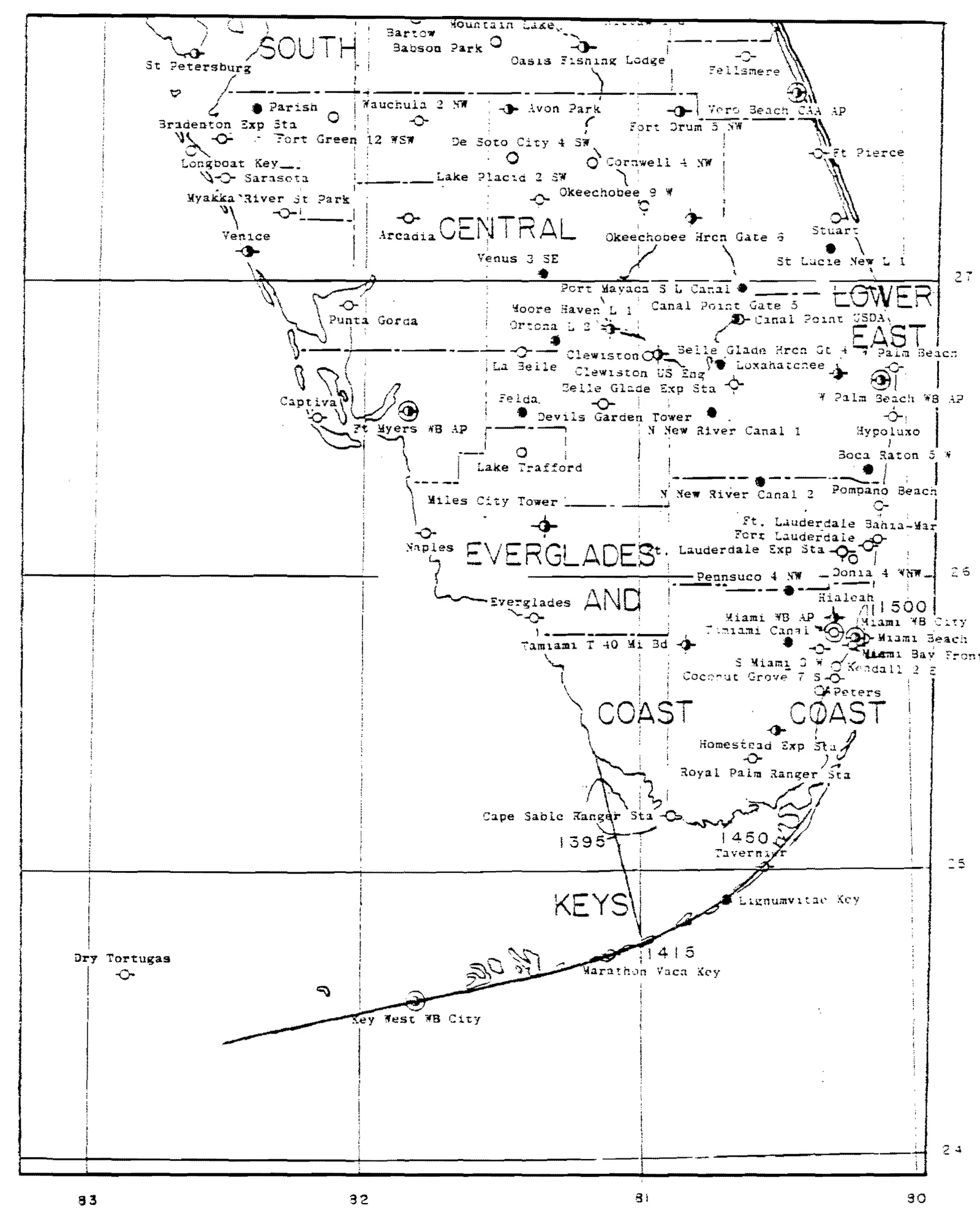 A 1987 NOAA line map of south Florida and the Keys, from Ho and colleagues' hurricane climatology, showing the coastal analysis line running around the Keys and up both coasts with mileposts 1395, 1415, 1450, and 1500, and dozens of named weather stations from Key West to St. Petersburg and Vero Beach.